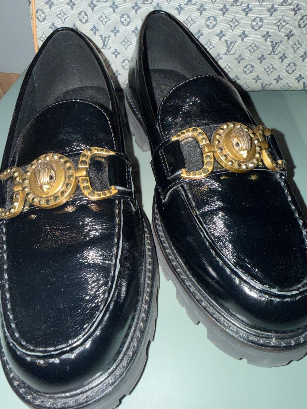 Kurt Geiger Black Patent Loafers with Gold Emblem - Picture 4 of 5